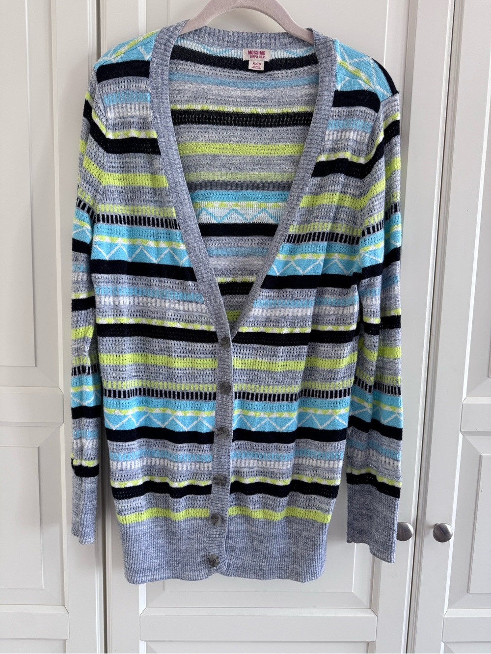 Mossimo Supply Co. Gray Cardigan with Blue, Lime & Black Stripes